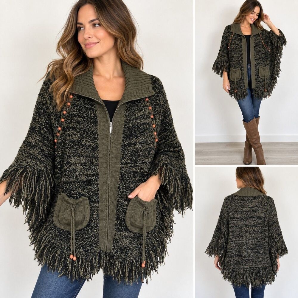 Feng Da Womens Wool Blend Boho Poncho Cardigan Fringe Zip Jacket Hippie